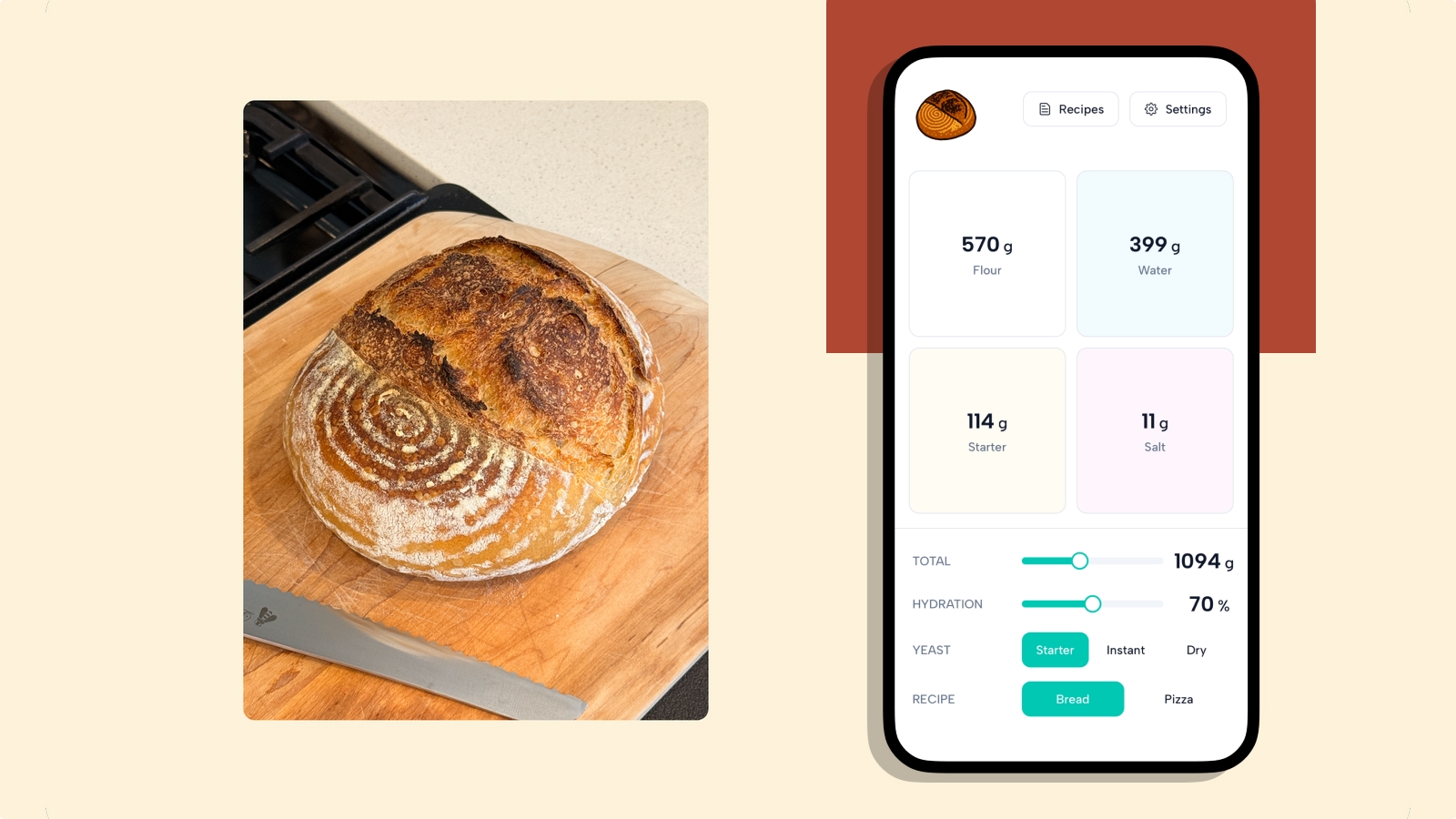Dough Calc iOS sourdough calculator app with slider based recipe controls